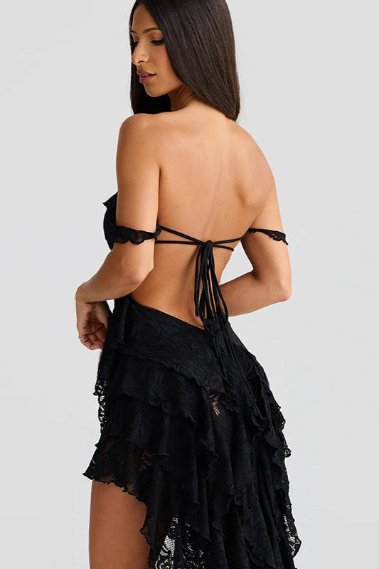 Lace Slim Drawstring Cutout Sheer Irregular Tube Top Boho Dress