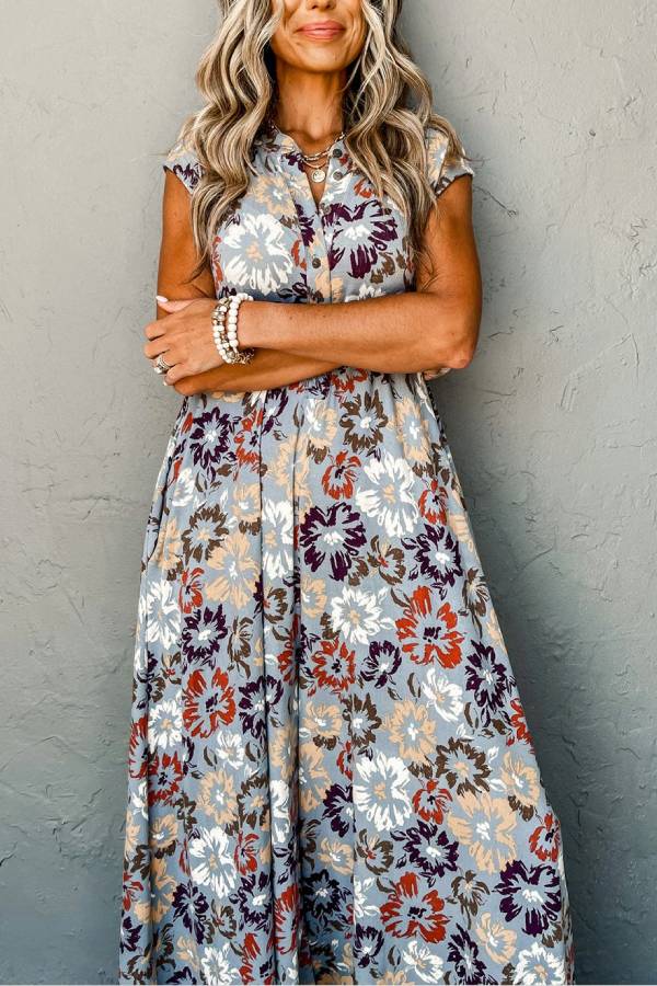 Sky Blue Floral Sleeveless Pocketed Wide Leg Jumpsuit
