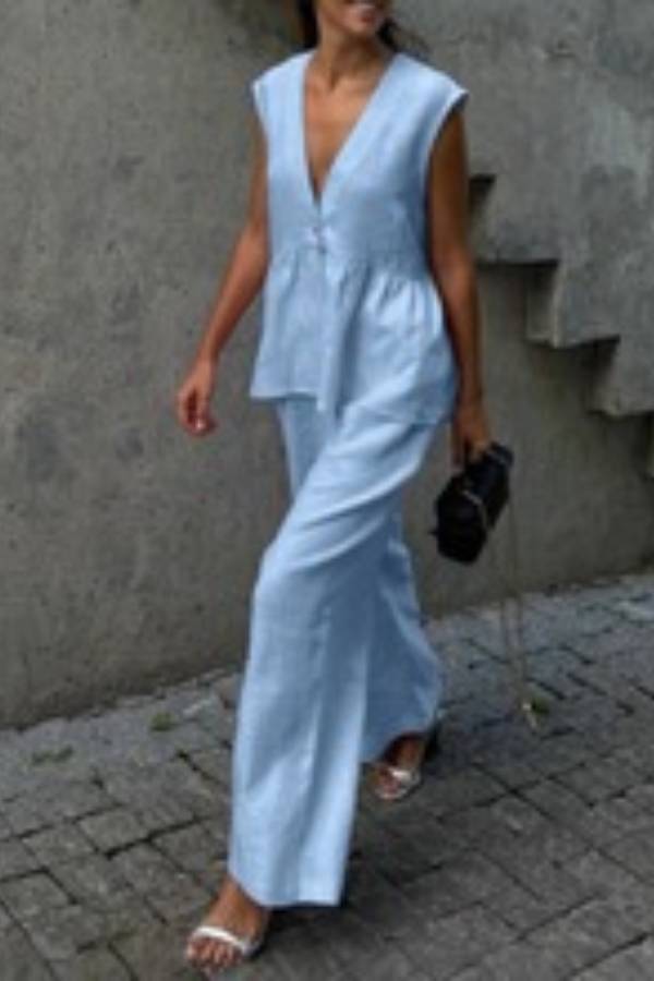 V-Neck Sleeveless Ruffled Peplum Top + Wide-Leg Pants Linen Set