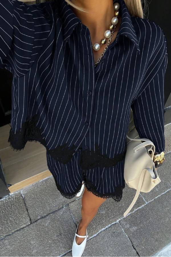 Satin Pinstripe Eyelash Lace Trim Shirt & High Waist Shorts 2 Piece Lounge Set