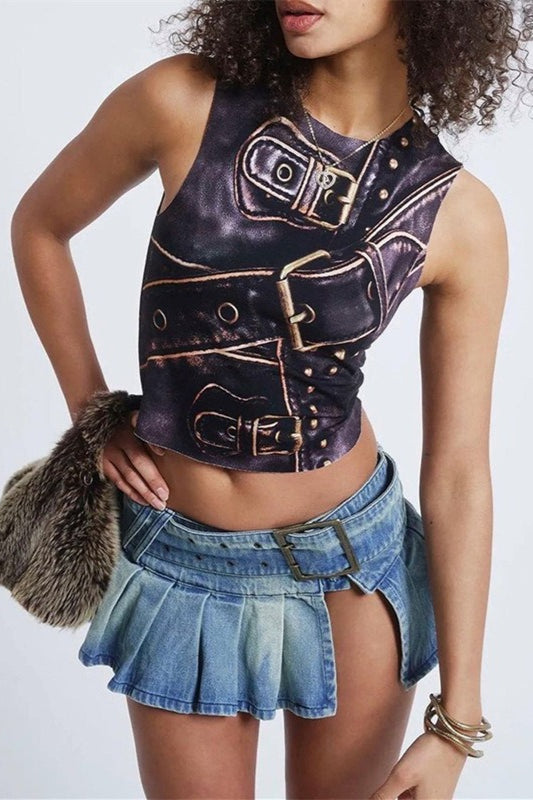 Belted Pleated Denim Mini Skirt