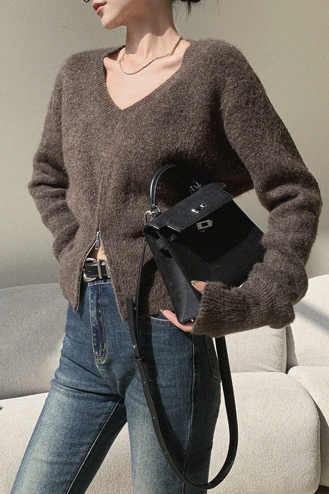 Brown V-Neck Soft Knit Top