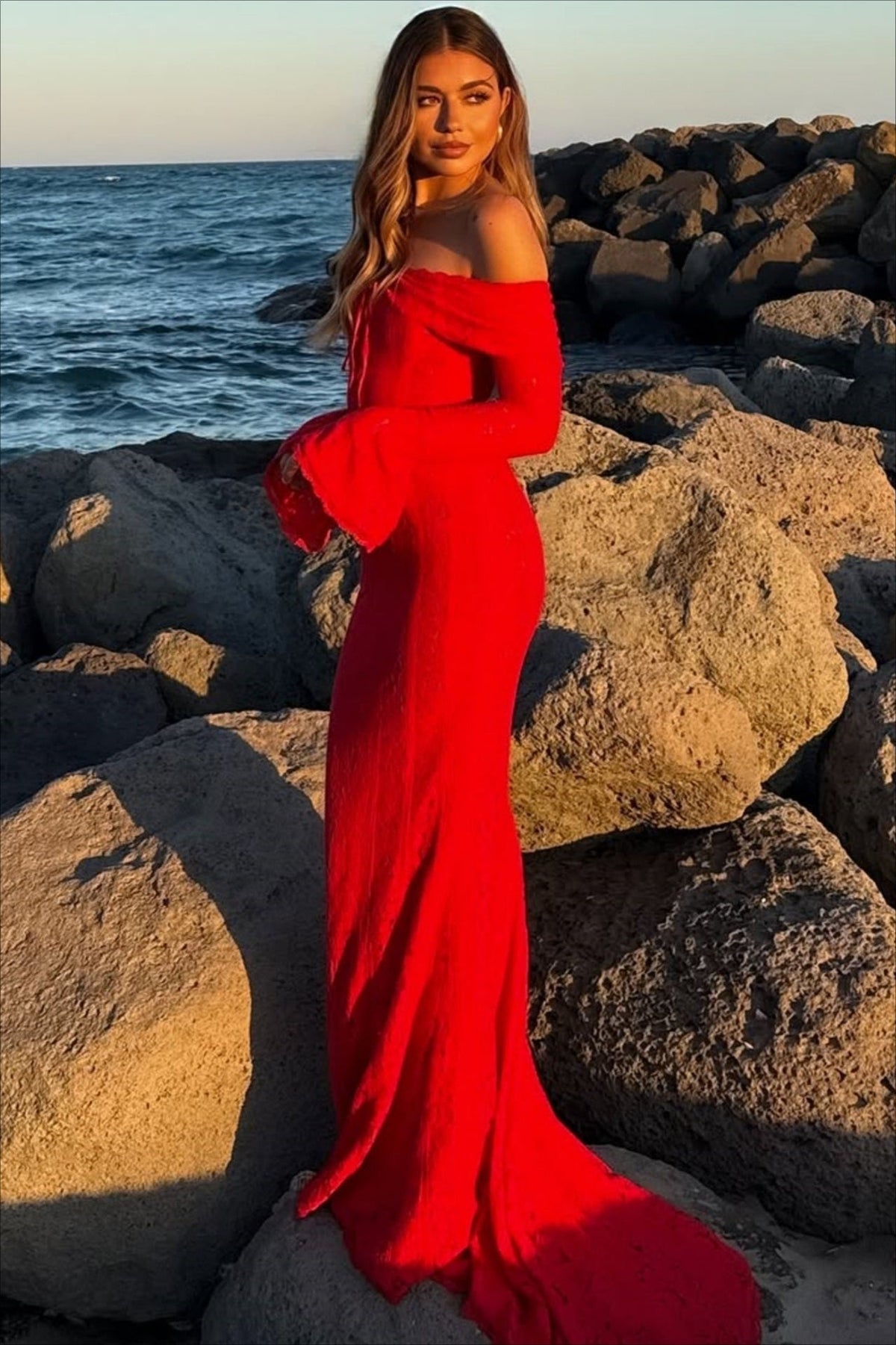Off Shoulder Bell Sleeve Vertical Lace Panel Mermaid Maxi Dress