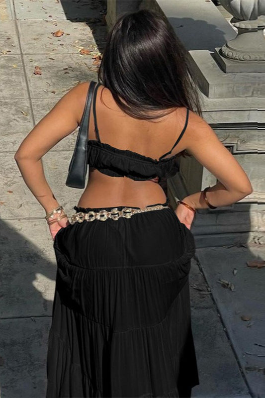 Vacation Style Solid Color Wrap Bodice Halter Skirt Set