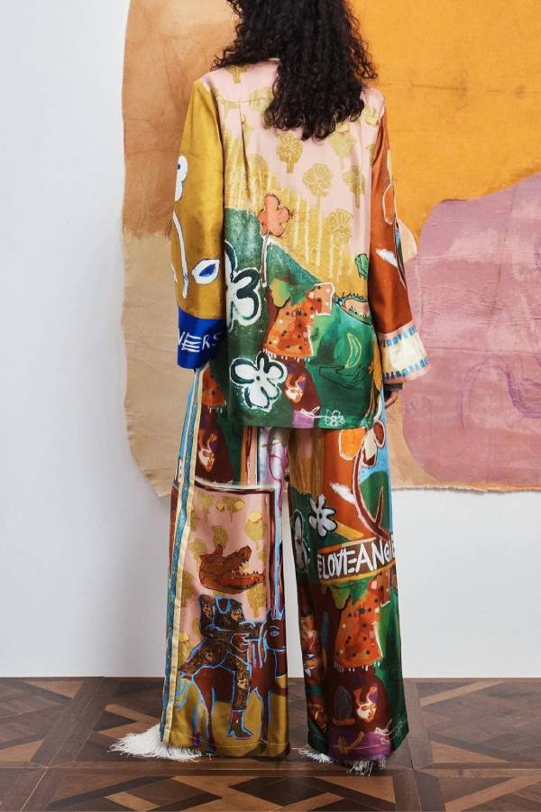 Art Graffiti Print Satin Shirt & Wide Leg Pants Set