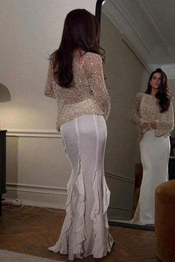 Fashion Sequined Hollow Long Sleeve Loose Knit Top