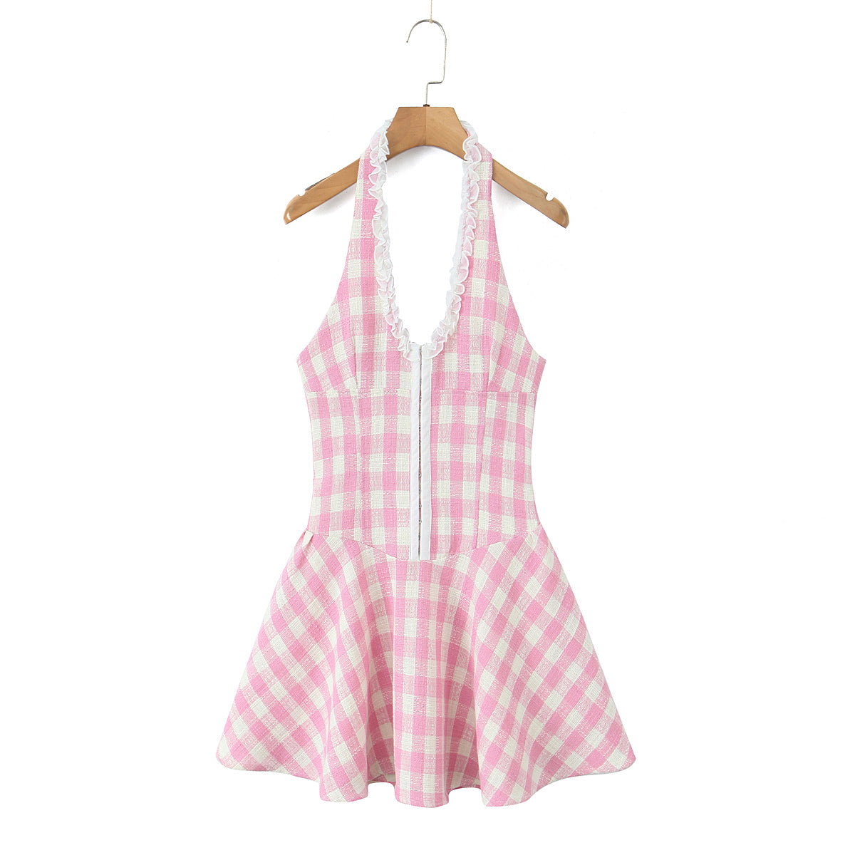 Sweet Plaid V neck Halter Slim Waist Dress Summer Floral Edge Stitched Backless Short Mini Dress