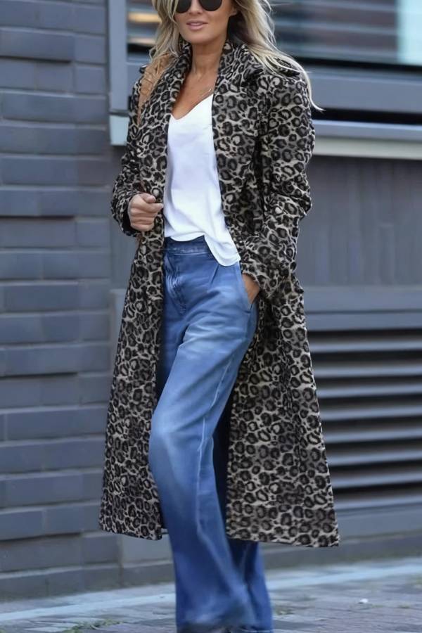 Leopard Affair Animal Print Epaulettes Long Sleeve Pocketed Lapel Midi Trench Coat