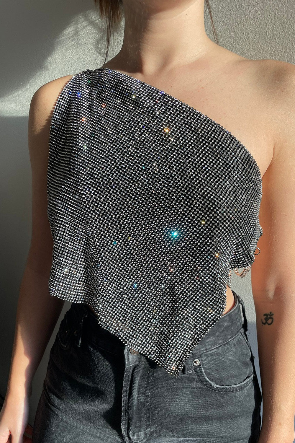 Metallic Mesh Rhinestone Off Shoulder Crop Top