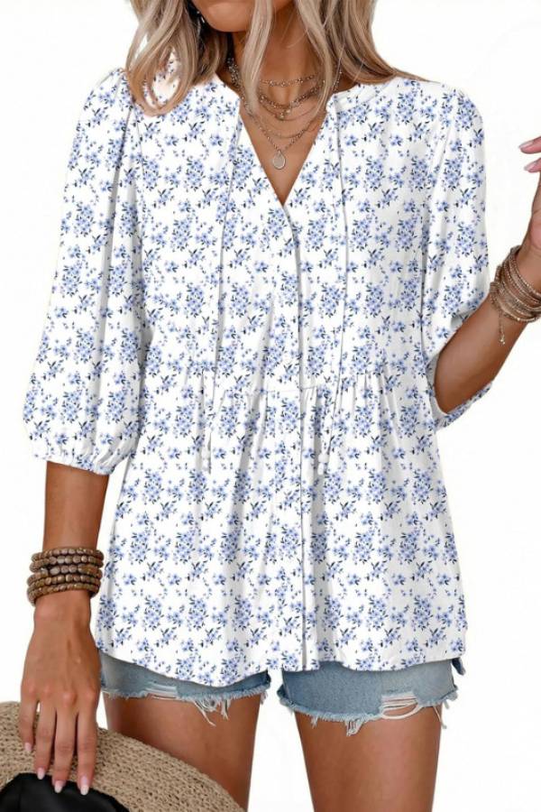 Boho Printed Tie V‑Neck Peplum Blouse