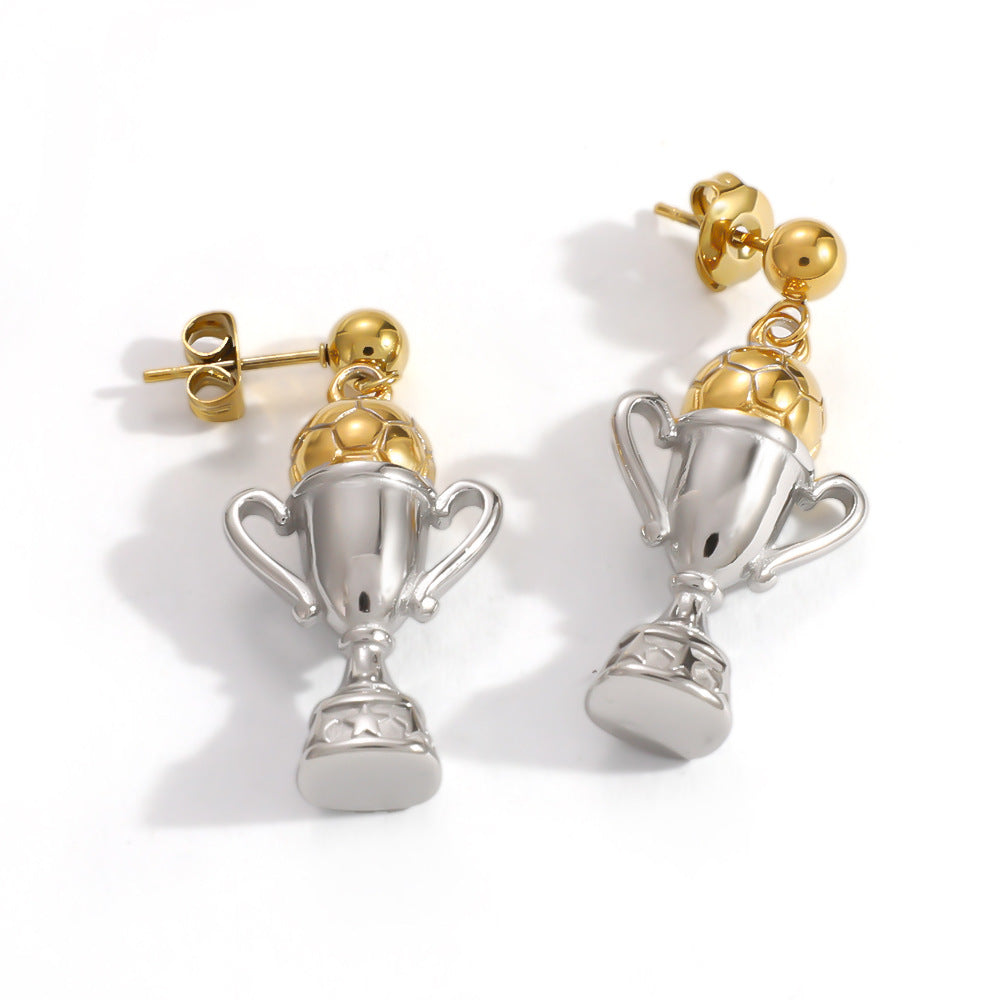 World Cup Trophy Football Two-Tone Stainless Steel Drop Earrings