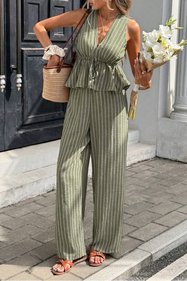 Resort Striped V-Neck Waisted Sleeveless Top & Wide-Leg Pants Set