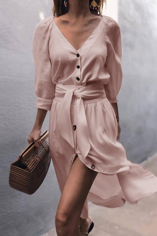 Elegante Vestido Acampanado con Cuello V y Cinturón de Hebilla Sólida (4 Colores)