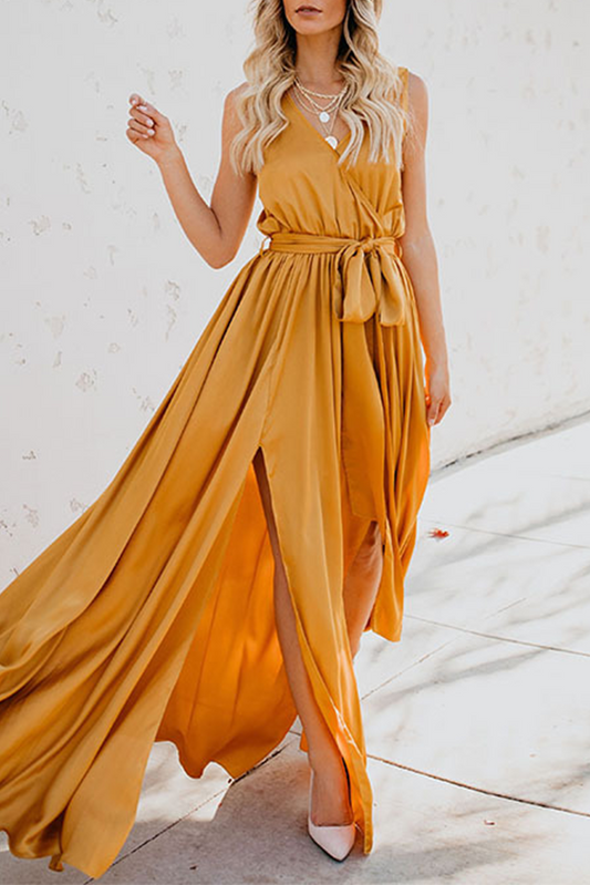 Vestidos casuales bohemios lisos de cuello en V con abertura alta y cinturón (3 colores)