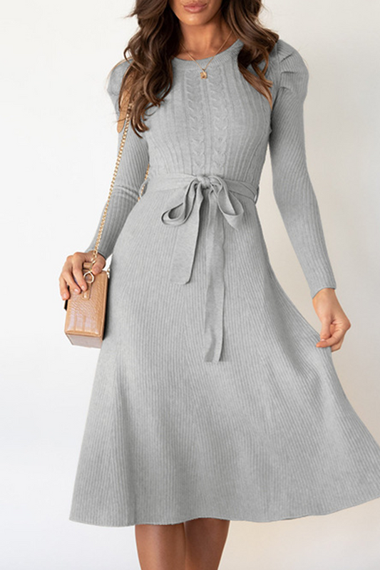 Elegantes vestidos de suéter de cuello redondo sólidos con cinturón (5 colores)