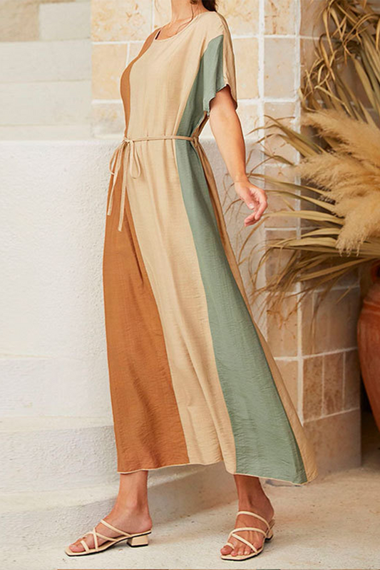 Vestidos con cinturón de color liso informal y cuello en V de contraste