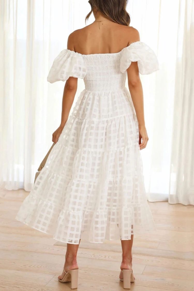 Fashionable One-Shoulder Chiffon Puff Sleeve Swing Midi Dress