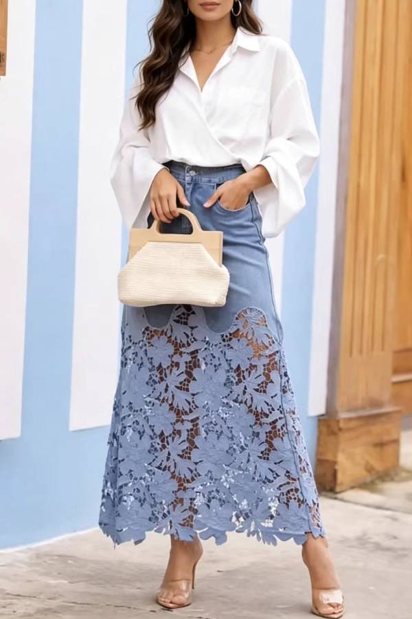 High Waist Spliced Floral Lace Hollow Denim Midi Skirt