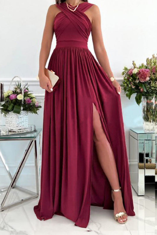 Vestidos elegantes y dulces con abertura sin espalda y cuello tipo bufanda en línea A