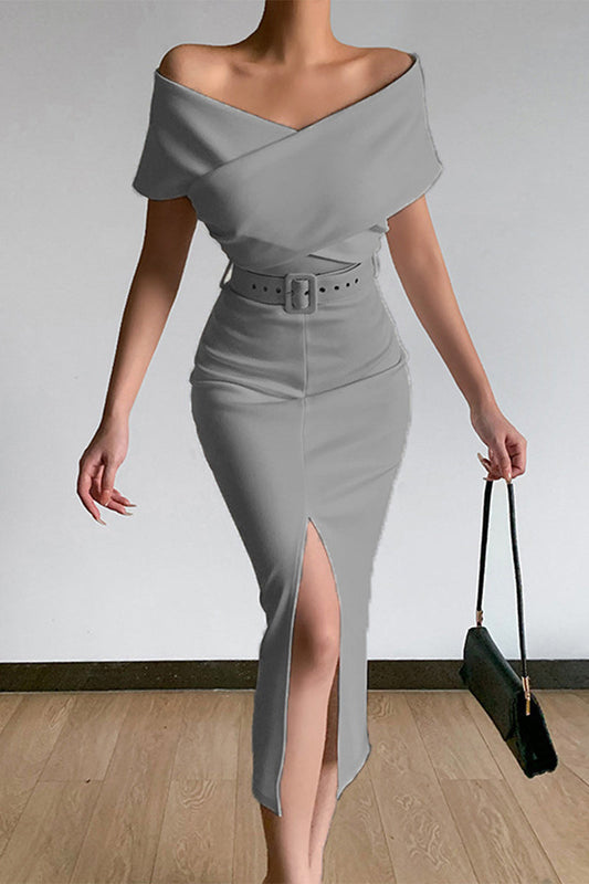 Vestidos sexy elegantes lisos con cuello en V y falda de un solo paso con cinturón (8 colores)