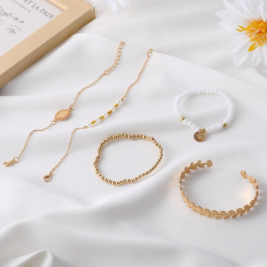 Juego de Cinco Pulseras de Perlas Sólidas Vintage Diarias