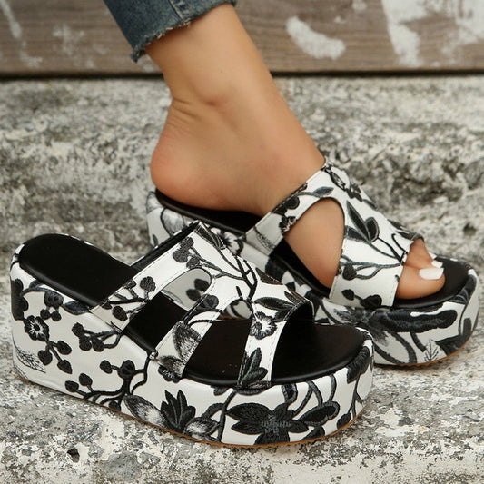Zapatos casuales de cuña cómodos para exteriores con estampado calado y retales (altura del tacón 6 cm)
