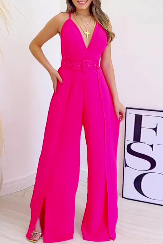 Monos elegantes sólidos con cinturón y cuello de pico para celebridades (4 colores)