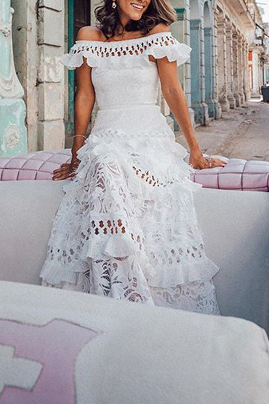 Vestidos de línea A sin cinturón, elegantes, sólidos, de encaje calado, con hombros descubiertos para celebridades