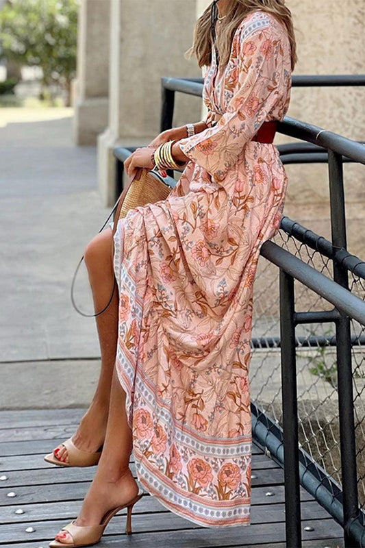 Vestidos Línea A Escote V Florales Bohemio Con Cinturón