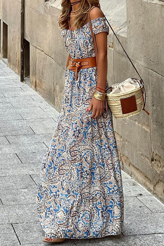 Vestidos elegantes con estampado floral y cinturón, escote Bardot y corte en A