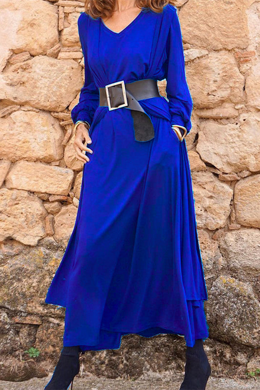 Conjunto de dos piezas informal liso con cinturón, cuello en V y manga larga (3 colores)