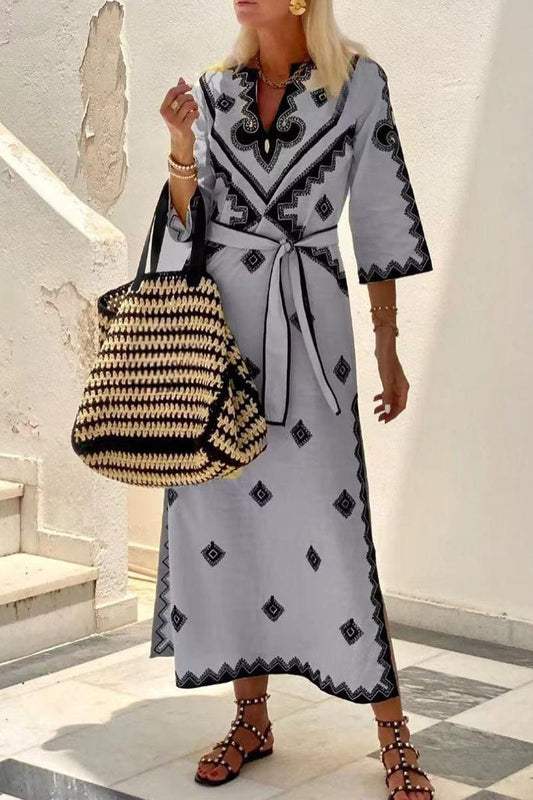 Vestidos Línea A con Estampado Geométrico Bohemio Elegante y Cinturón Cuello V (4 Colores)