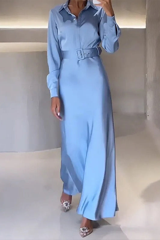 Elegante Vestido Camisero Sólido con Cinturón y Cuello Vuelto