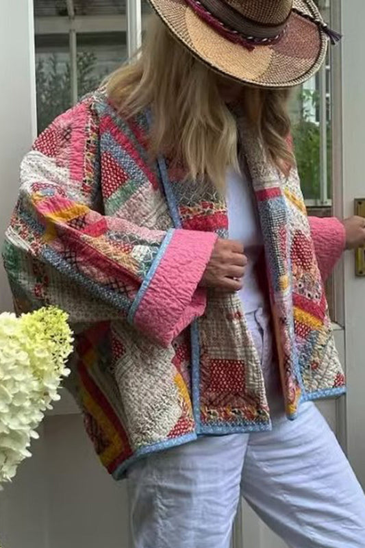 Abrigo casual con cuello de bufanda y estampado geométrico vintage