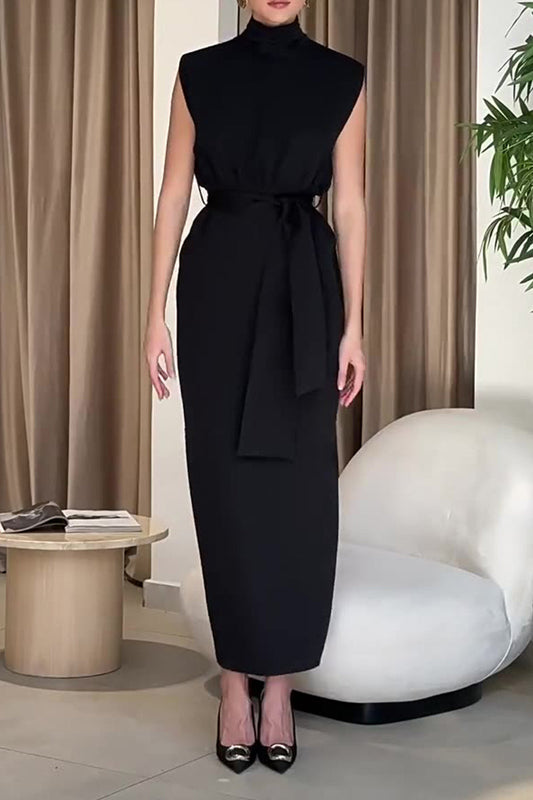 Vestidos elegantes de falda de un solo paso con cuello alto y abertura sólida con cinturón