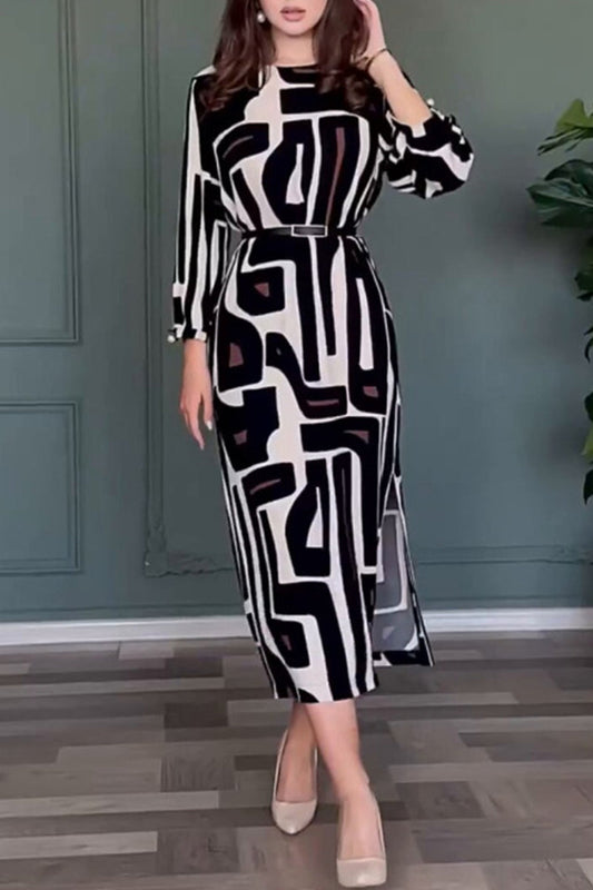 Vestidos de falda de un solo paso con cuello redondo, estampado geométrico vintage, abertura y cinturón