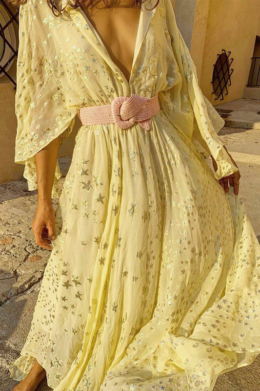 Vestidos Elegantes de Vacaciones con Estrellas, Parches Bronceados y Cuello en V (Sin Cinturón)