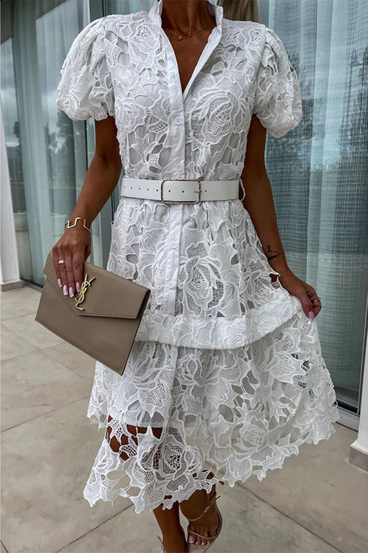 Vestidos Elegantes con Botones Sólidos Calados con Cinturón y Cuello Vuelto Línea A