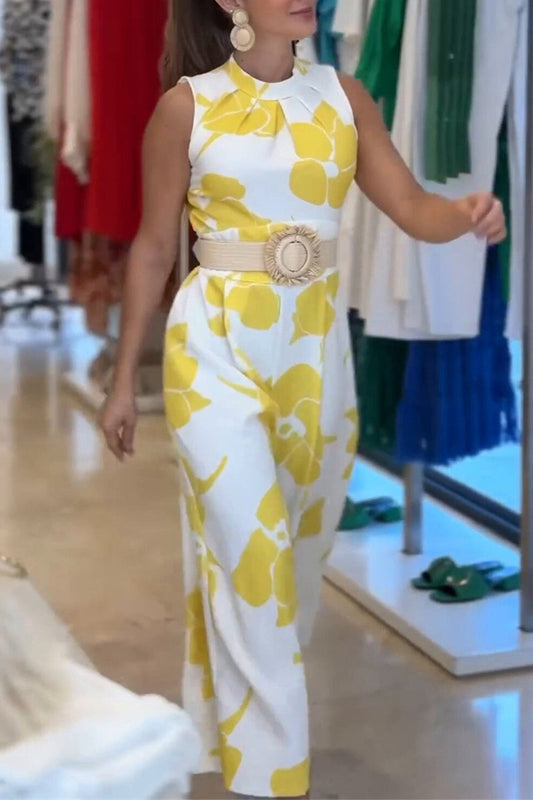 Monos Holgados con Estampado Floral y Retazos sin Cinturón, Cuello Redondo (Sin Cinturón)