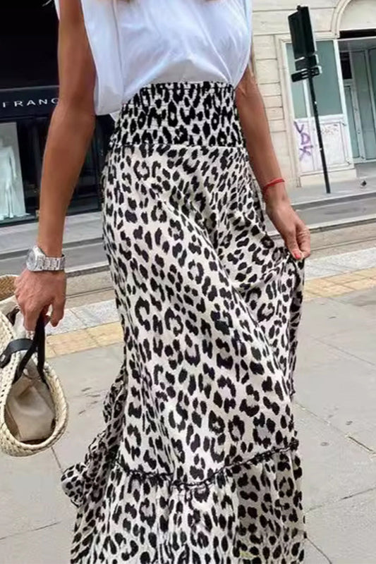 Falda con vuelo de leopardo elegante con estampado universitario, holgada, de cintura alta, tipo A, estampado completo