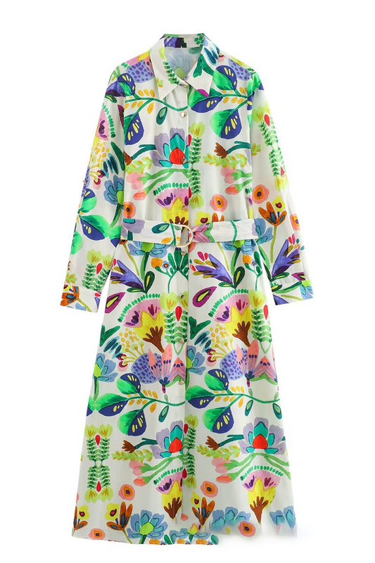 Vestidos Estampados con Cuello Vuelto, Estampado Floral Casual y Retazos con Cinturón
