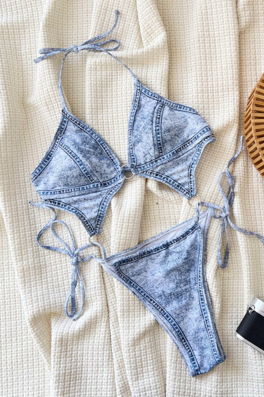 Trajes de baño sexis sin espalda con cinturón y estampado de imitación de mezclilla (con almohadillas)