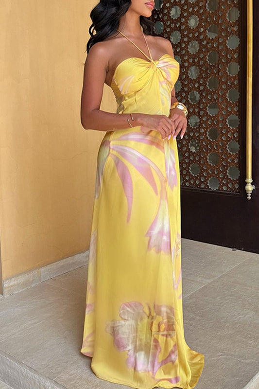 Vestidos Largos Halter Sin Espalda con Estampado Floral y Cinturón Sexy