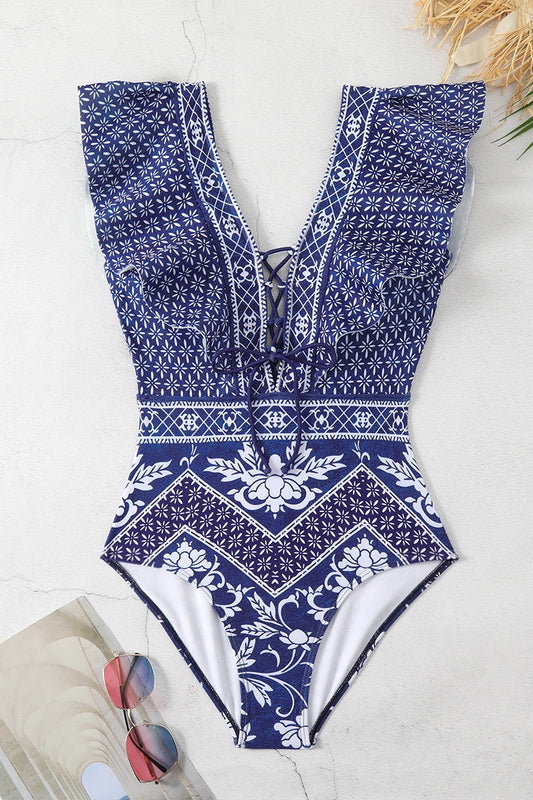 Trajes de baño sexis estampados con retazos, sin espalda y con cinturón (con relleno)