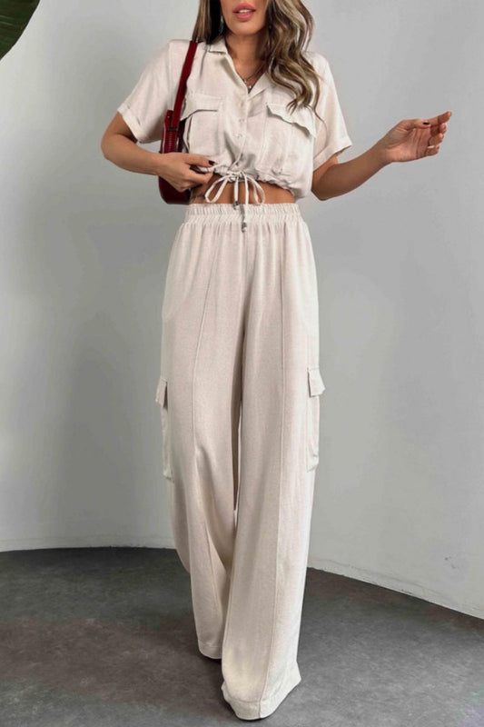 Casual Botones Cinturón Cuello Vuelto Manga Corta Dos Piezas (3 Colores)