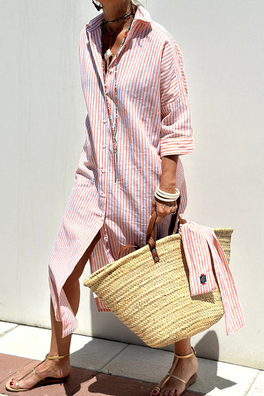 Vestidos camiseros con botones y cinturón, cuello vuelto, estampado a cuadros y rayas (5 colores)
