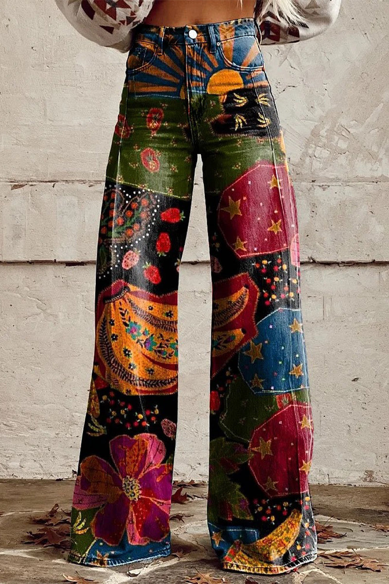 Pantalón de pierna ancha con estampado geométrico, animal y floral, botones y contraste de color, informal, holgado y de talle alto (10 colores)
