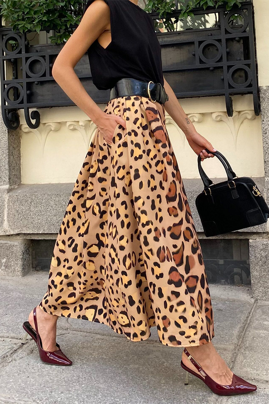 Pantalones Estampados Completos con Estampado de Leopardo Elegantes de Calle con Bolsillos, Sin Cinturón, Sueltos, de Cintura Alta, Tipo A