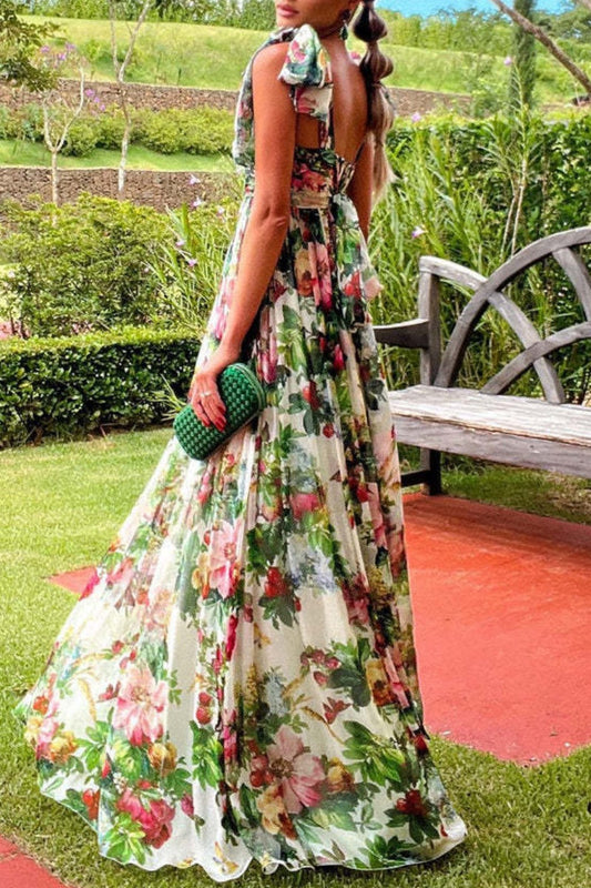 Vestidos largos casuales con cuello cuadrado, cinturón, espalda descubierta y estampado floral