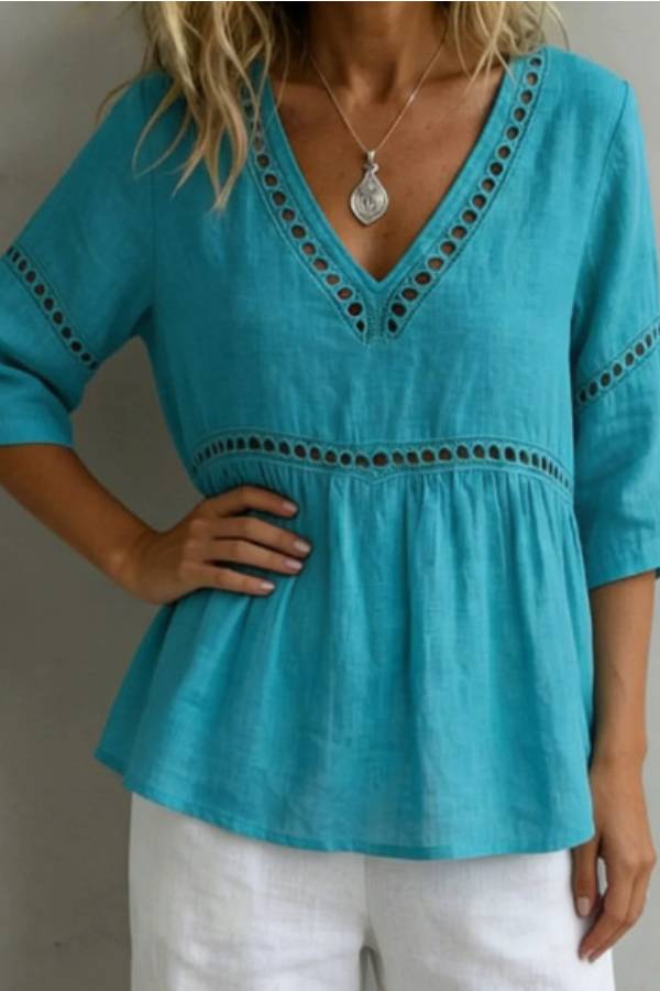 Boho Eyelet Embroidery V‑Neck Babydoll Blouse